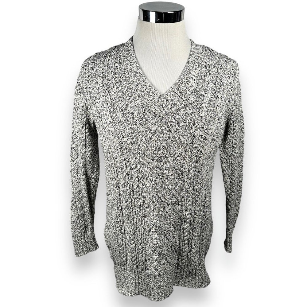 LL Bean Signature Womens Fisherman Tunic Sweater Marled Gray Medium Cable Knit